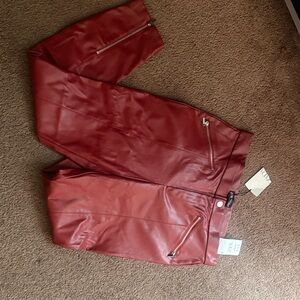 Zara Red Faux Leather Pants with Button Detail